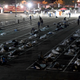 People are shown in social-distancing boxes at a so-called “temporary homeless shelter” set up in a parking lot at Cashman Center on March 30, 2020 in Las Vegas, Nevada.